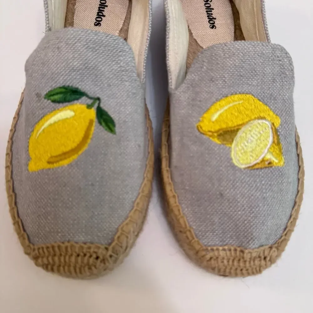 Soludos Shoes Womens US7 Blue Lemons Smocking Slipper Espadrille Loafer Beach